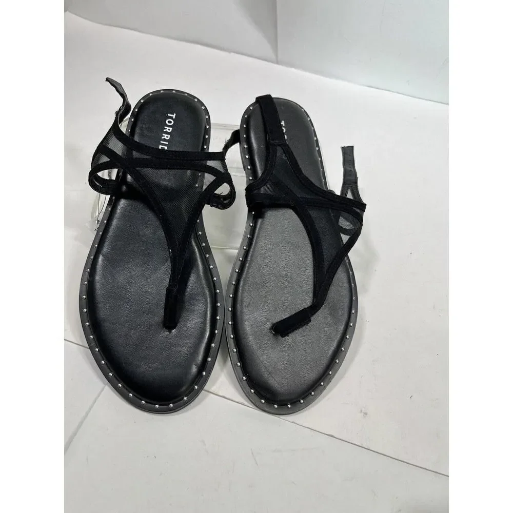 Torrid Mesh T Strap Thong Sandals‎ Sz 8.5 W Wide Black Studded Ankle Strap